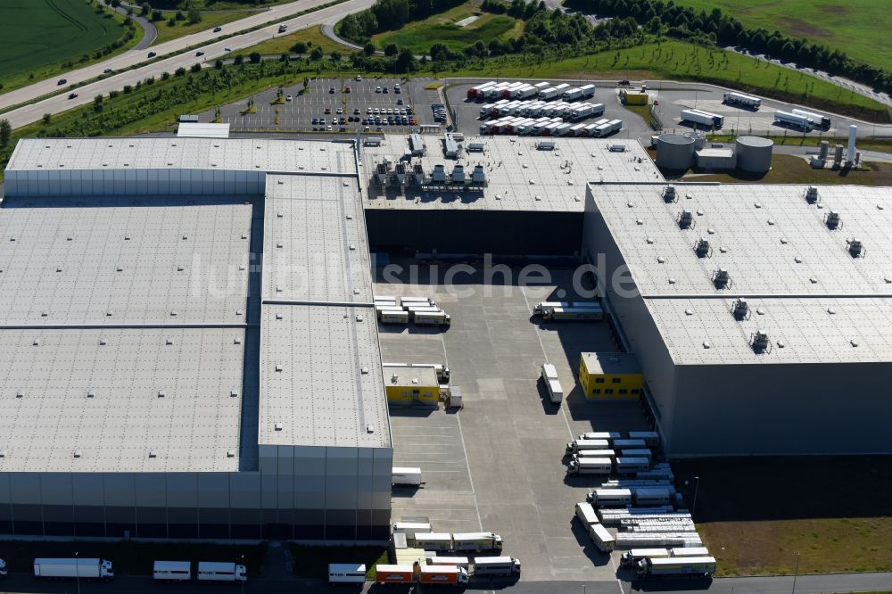 Striegistal von oben - Gebäudekomplex und Logistikzentrum auf dem Gelände EDEKA Zentrallager S34 in Striegistal im Bundesland Sachsen, Deutschland