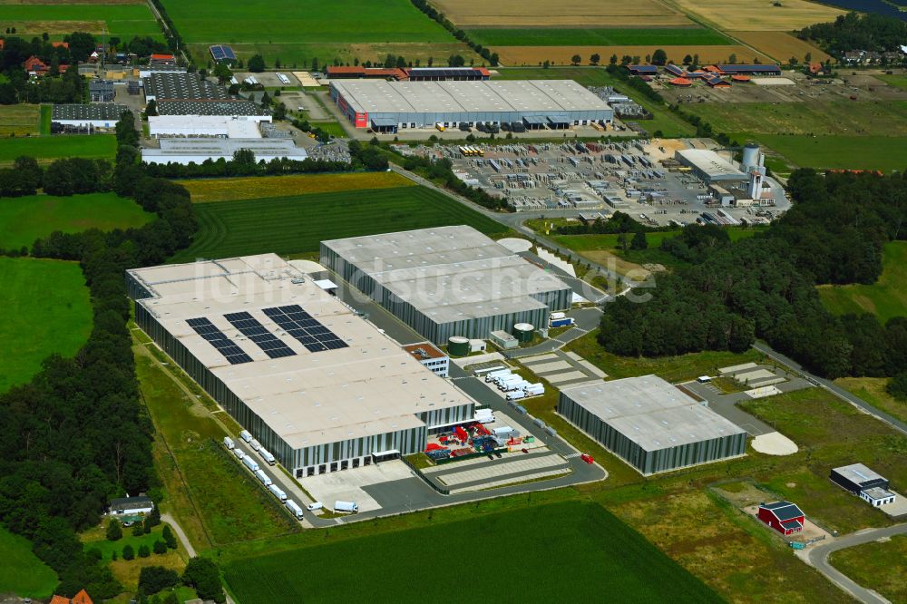 Meitze aus der Vogelperspektive: Gebäudekomplex und Logistikzentrum auf dem Gelände Lekkerland Logistikzentrum in Meitze im Bundesland Niedersachsen, Deutschland