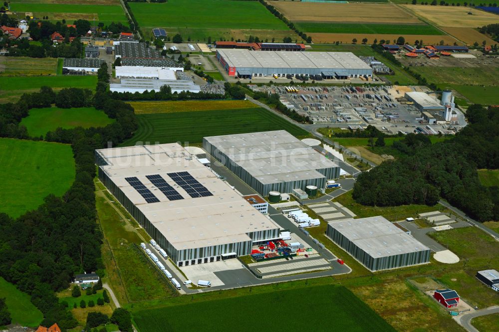 Meitze von oben - Gebäudekomplex und Logistikzentrum auf dem Gelände Lekkerland Logistikzentrum in Meitze im Bundesland Niedersachsen, Deutschland