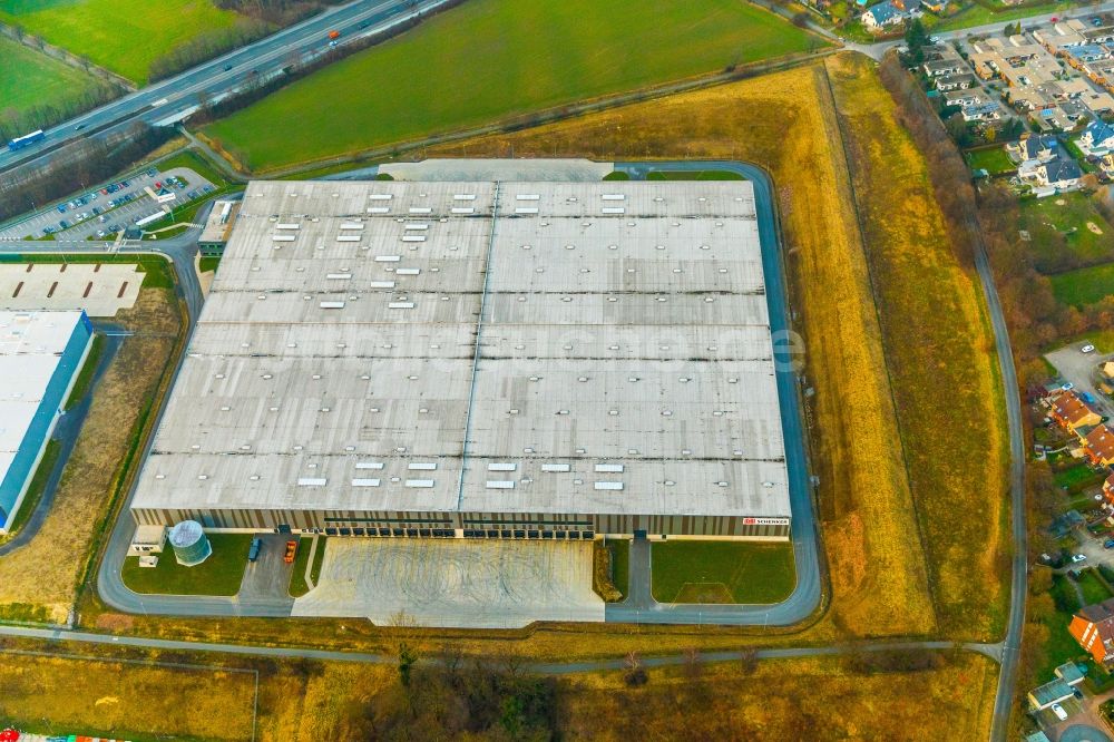 Bergkamen aus der Vogelperspektive: Gebäudekomplex und Logistikzentrum auf dem Gelände DB Schenker an der Ernst-von-Bodelschwing-Street in Bergkamen im Bundesland Nordrhein-Westfalen, Deutschland