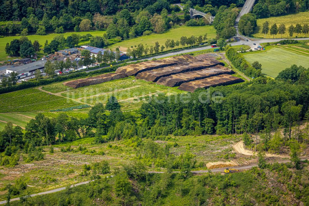 Luftaufnahme Oeventrop - Gefällte Baumstämme Flinkerbusch Holzbau Im Neyl in Oeventrop im Bundesland Nordrhein-Westfalen, Deutschland