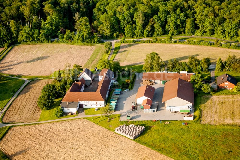 Karlsruhe aus der Vogelperspektive: Gehöft eines Bauernhofes E - Corn GmbH in Karlsruhe im Bundesland Baden-Württemberg, Deutschland