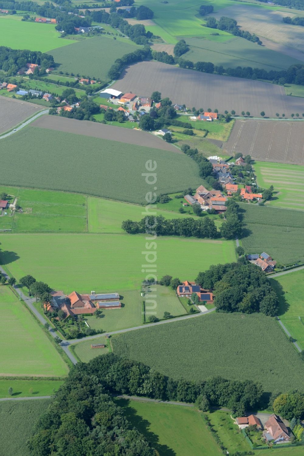 Alfhausen von oben - Gehöft eines Bauernhofes am Rand von bestellten Feldern in Alfhausen im Bundesland Niedersachsen