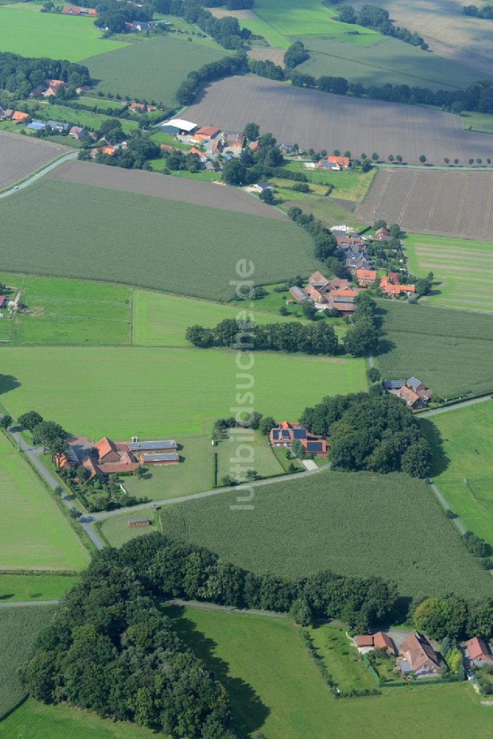 Alfhausen aus der Vogelperspektive: Gehöft eines Bauernhofes am Rand von bestellten Feldern in Alfhausen im Bundesland Niedersachsen