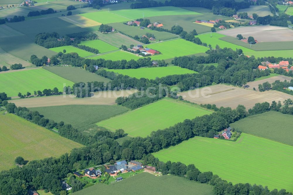 Alfhausen von oben - Gehöft eines Bauernhofes am Rand von bestellten Feldern in Alfhausen im Bundesland Niedersachsen