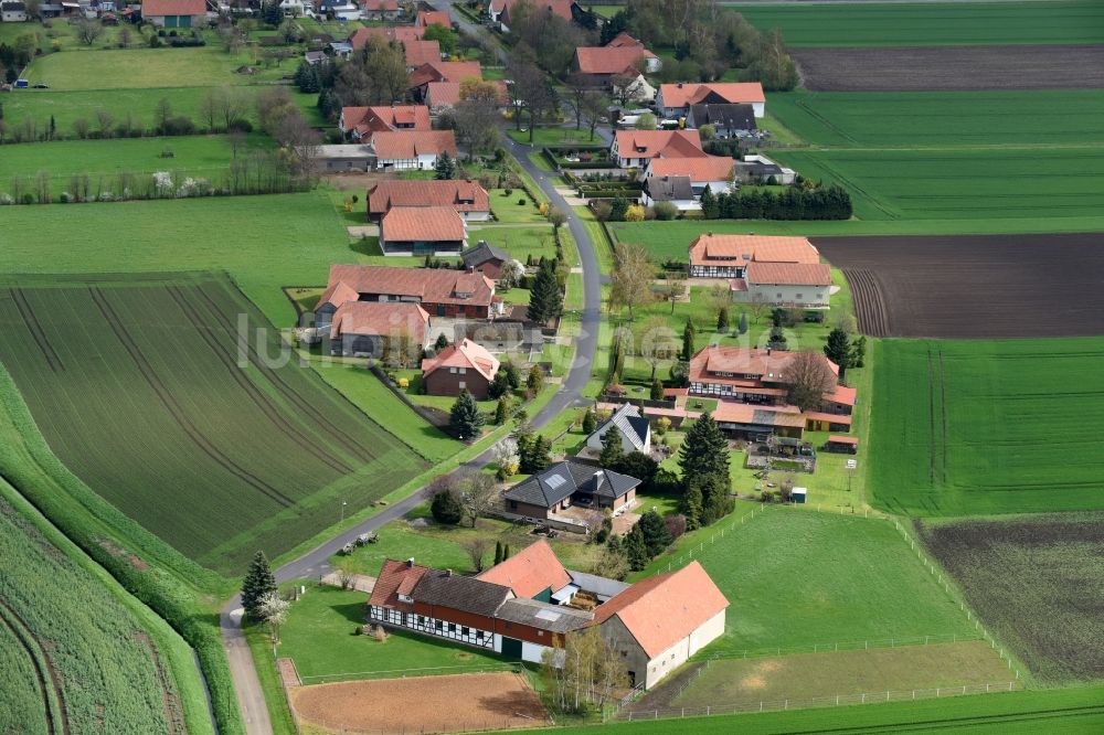 Barnstorf von oben - Gehöft eines Bauernhofes am Rand von bestellten Feldern in Barnstorf im Bundesland Niedersachsen