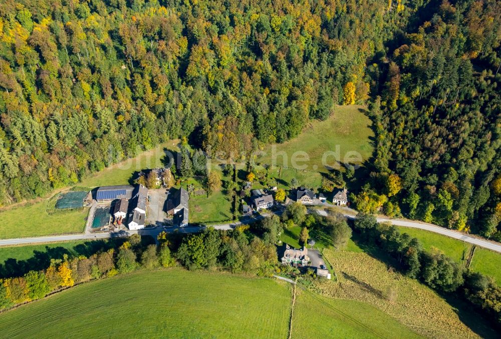 Luftaufnahme Meschede - Gehöft eines Bauernhofes am Rand von bestellten Feldern in Meschede im Bundesland Nordrhein-Westfalen