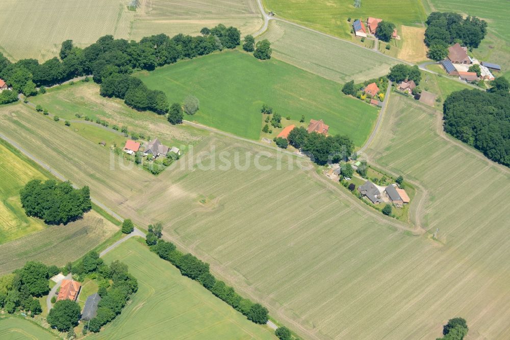 Oelde von oben - Gehöft eines Bauernhofes am Rand von bestellten Feldern in Oelde im Bundesland Nordrhein-Westfalen