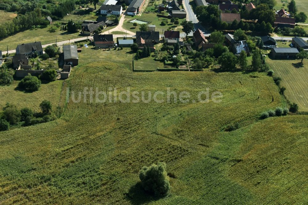 Parmen Nordwestuckermark von oben - Gehöft eines Bauernhofes am Rand von bestellten Feldern in Parmen - Nordwestuckermark im Bundesland Brandenburg