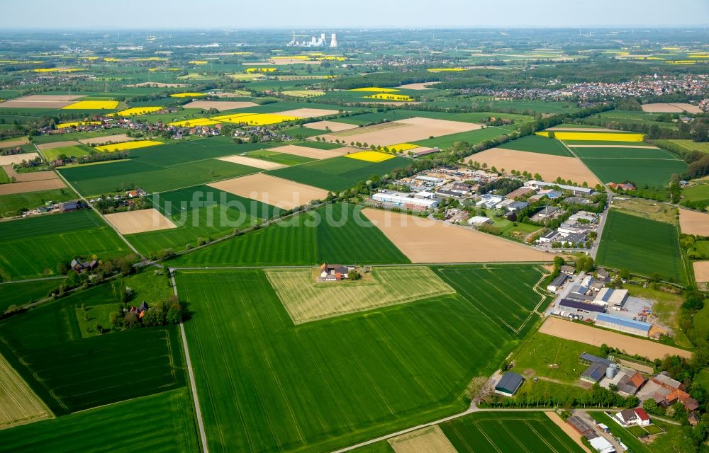 Luftaufnahme Welver - Gehöft eines Bauernhofes am Rand von bestellten Feldern in Welver im Bundesland Nordrhein-Westfalen