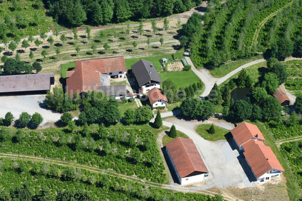 Windorf aus der Vogelperspektive: Gehöft eines Bauernhofes am Rand von bestellten Feldern in Windorf im Bundesland Bayern, Deutschland