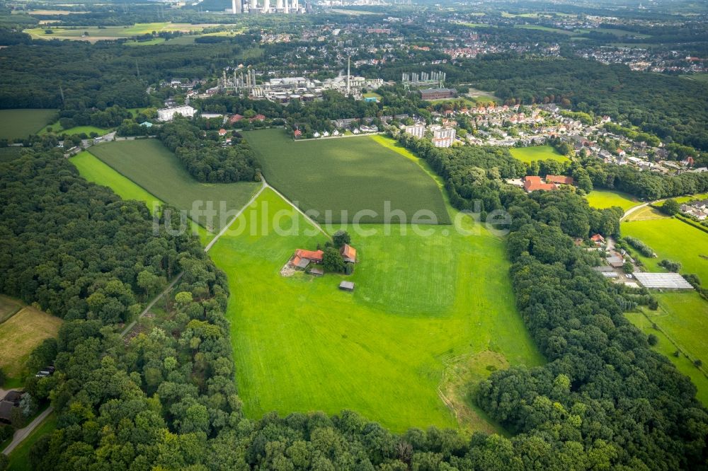 Gladbeck aus der Vogelperspektive: Gehöft eines Bauernhofes am Stadtrand auf der Schanzenheide in Gladbeck im Bundesland Nordrhein-Westfalen, Deutschland