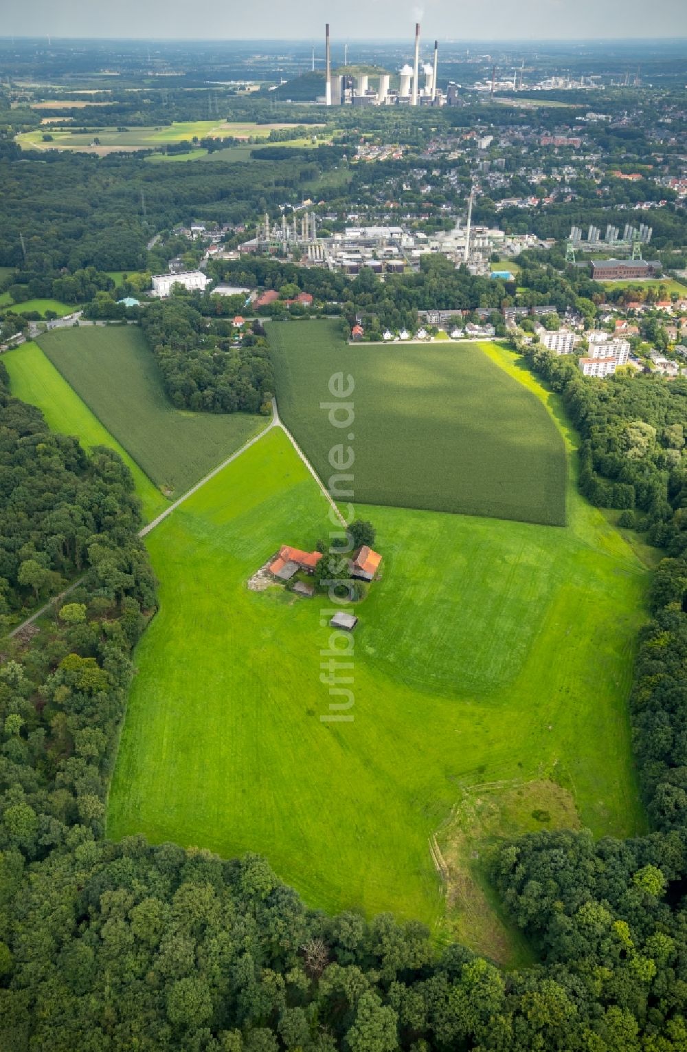 Luftbild Gladbeck - Gehöft eines Bauernhofes am Stadtrand auf der Schanzenheide in Gladbeck im Bundesland Nordrhein-Westfalen, Deutschland