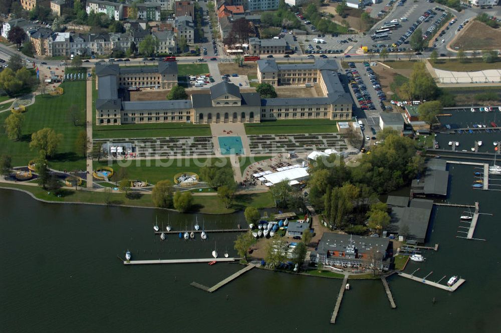 SCHWERIN von oben - Gelände der BUGA Bundesgartenschau am restaurierten Marstall in Schwerin