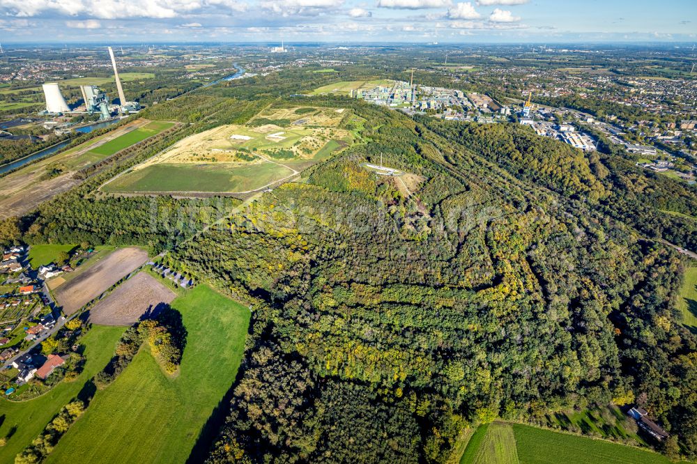 Bergkamen von oben - Gelände der ehemaligen Bergbau- Halde Halde Großes Holz in Bergkamen im Bundesland Nordrhein-Westfalen - NRW, Deutschland