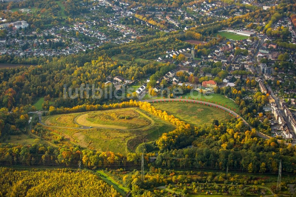 Luftbild Herne - Gelände der ehemaligen Bergbau- Halde Naturschutzgebiet Günnigfeld an Blücherstraße als Allee mit Laubbäumen mit rotem Herbstlaub an der Erzbahntrasse in Herne im Bundesland Nordrhein-Westfalen