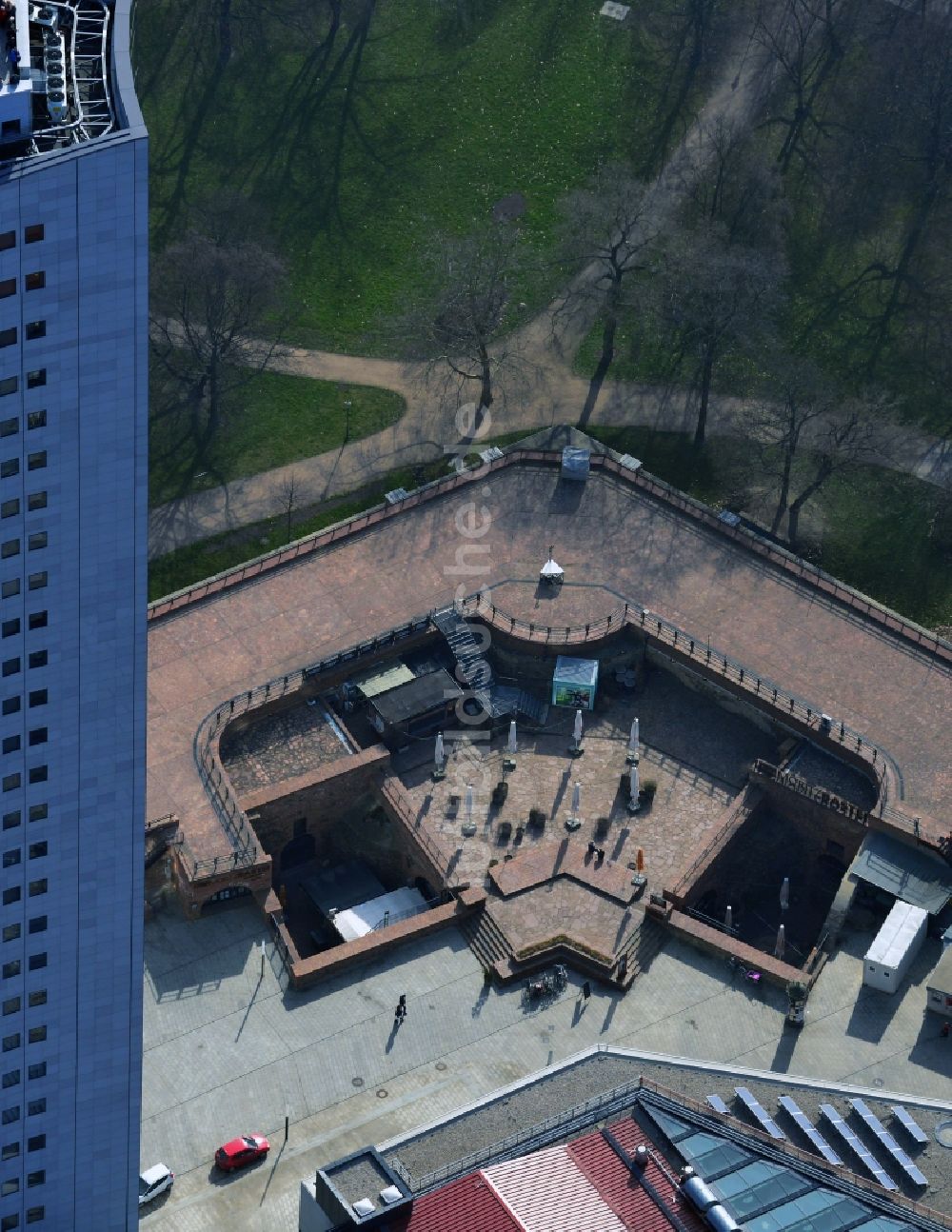 Luftaufnahme Leipzig - Gelände der Moritzbastei an der Universitätsstraße in Leipzig im Bundesland Sachsen