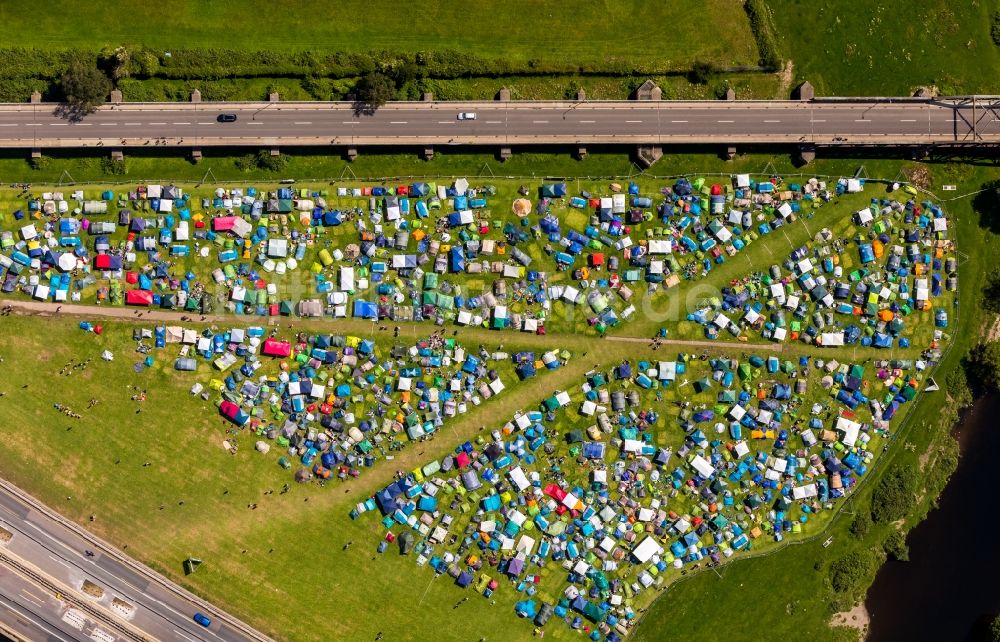 Luftbild Mülheim an der Ruhr - Gelände des Reggae Summers der Veranstaltungsproduktionen u-concert GmbH & Co.KG Musik- Festival in Mülheim an der Ruhr im Bundesland Nordrhein-Westfalen - NRW, Deutschland