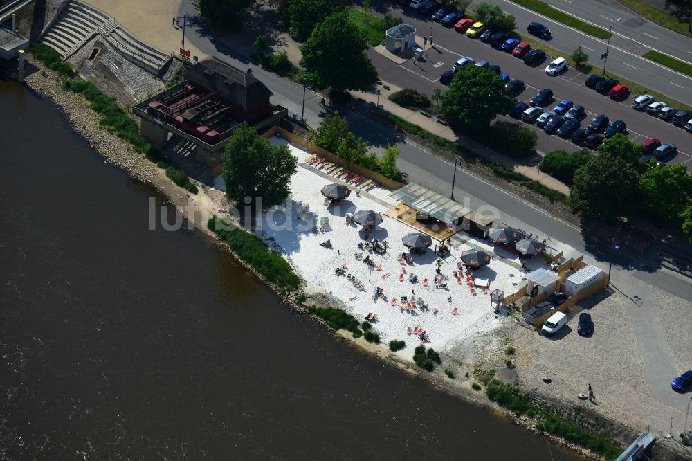 Magdeburg aus der Vogelperspektive: Gelände der Strandbar Magdeburg am Ufer der Elbe in Magdeburg in Sachsen-Anhalt