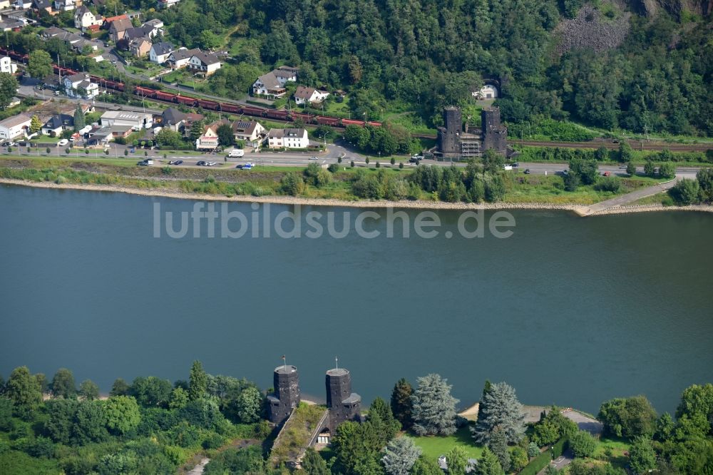 Luftbild Remagen - Geschichts- Denkmal Brücke von Remagen An der Alten Rheinbrücke in Remagen im Bundesland Rheinland-Pfalz, Deutschland