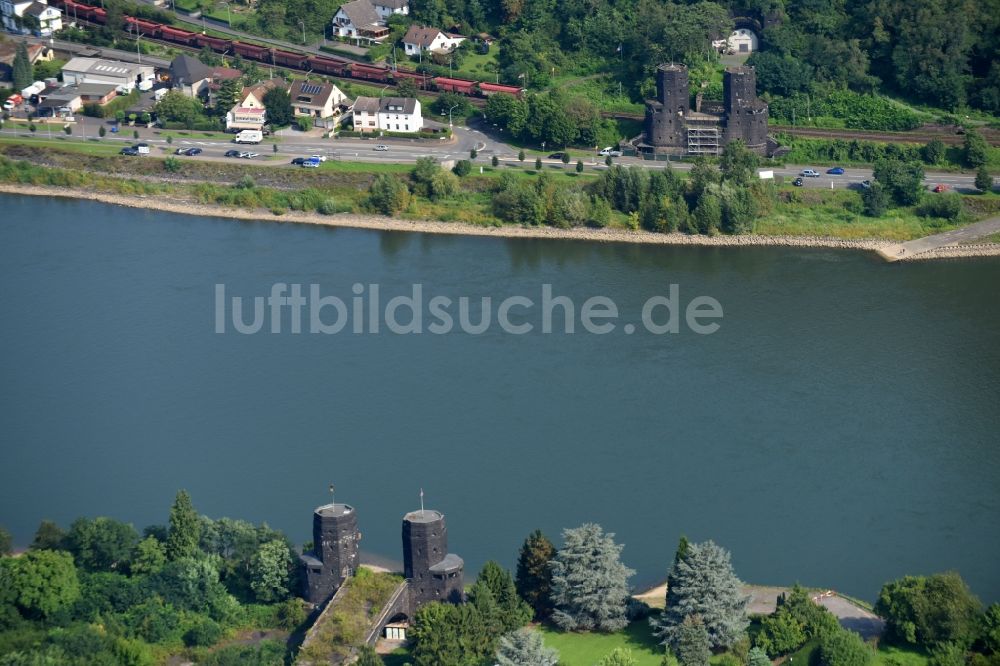 Luftaufnahme Remagen - Geschichts- Denkmal Brücke von Remagen An der Alten Rheinbrücke in Remagen im Bundesland Rheinland-Pfalz, Deutschland