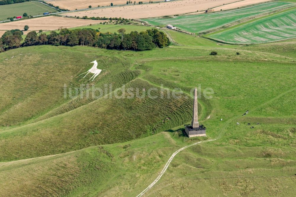 Cherhill von oben - Geschichts- Denkmal Cherhill White Horse und Obelisk Lansdowne Monument in Cherhill in Vereinigtes Königreich