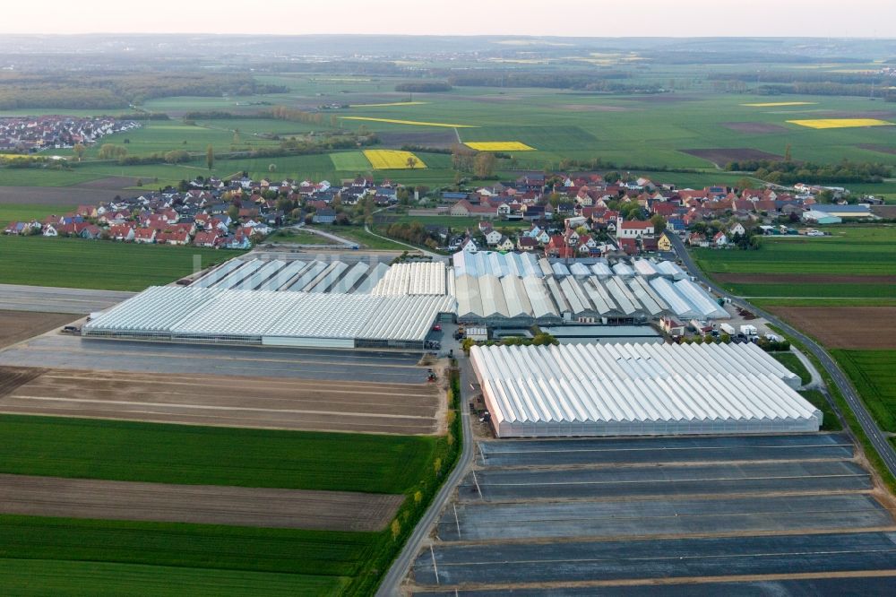 Kolitzheim von oben - Gewächshausreihen zur Blumenzucht und Kuppeln einer Biogasanlage im Ortsteil Oberspiesheim in Kolitzheim im Bundesland Bayern, Deutschland