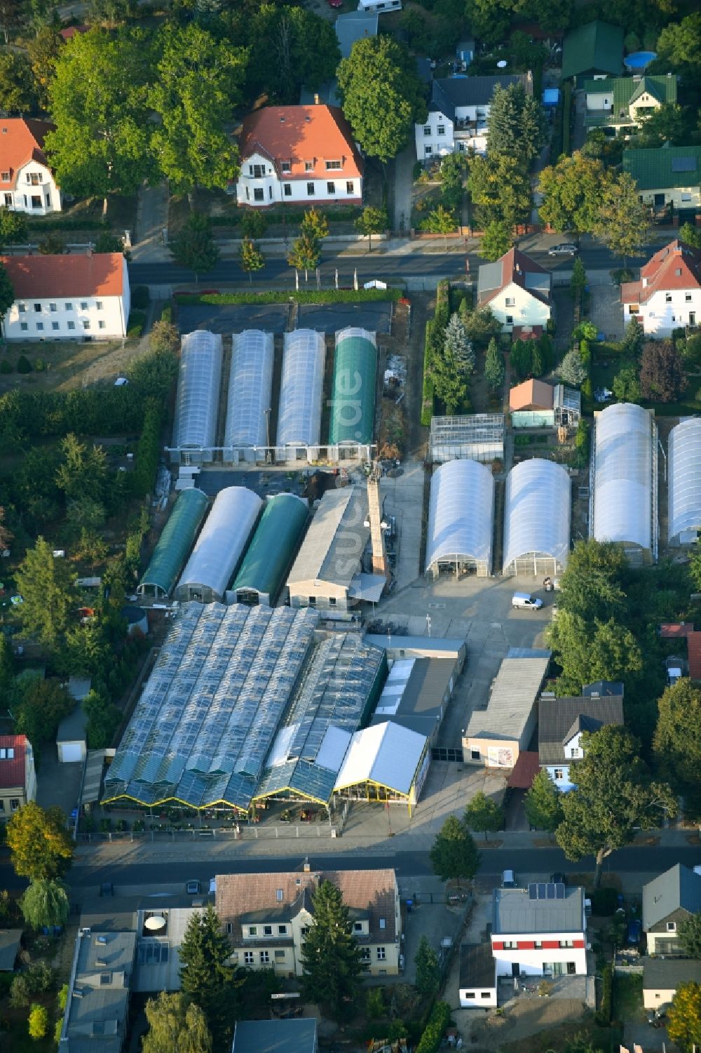 Neuenhagen von oben - Gewächshausreihen zur Blumenzucht in Neuenhagen im Bundesland Brandenburg, Deutschland