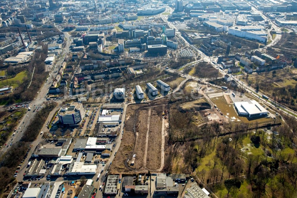 Luftaufnahme Essen - Gewerbegebiet und Baustelle an der Hilgerstraße in Essen im Bundesland Nordrhein-Westfalen