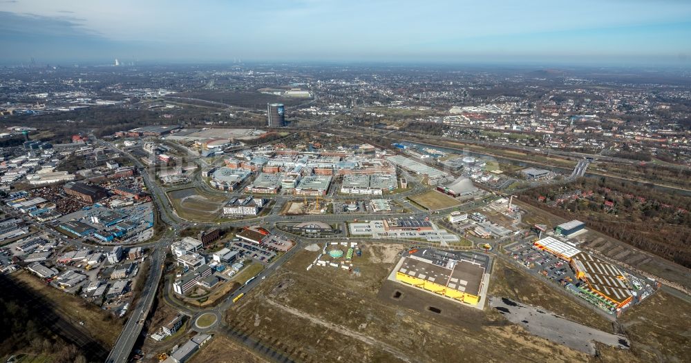 Luftaufnahme Oberhausen - Gewerbegebiet BusinessPark.O mit Firmenansiedlung auf dem ehemaligen Stahlwerksgelände der Gutehoffnungshütte in Oberhausen im Bundesland Nordrhein-Westfalen