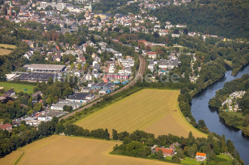 Werden von oben - Gewerbegebiet entlang der Ruhrtalstraße in Werden im Bundesland Nordrhein-Westfalen, Deutschland