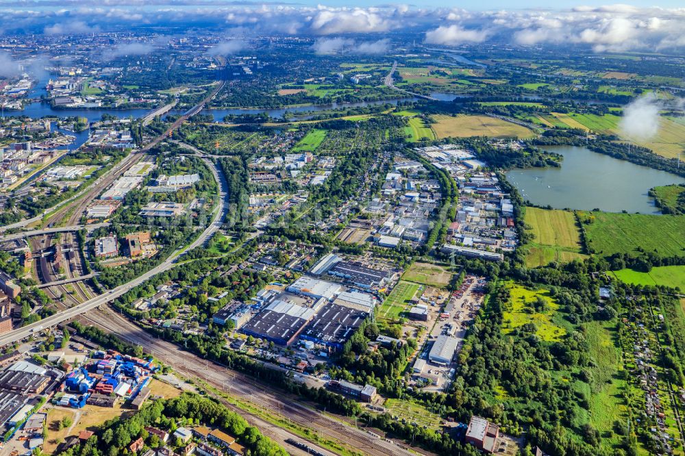 Hamburg aus der Vogelperspektive: Gewerbegebiet und Erschließungsgebiet Neuländer Wettern an der A1 AS Hamburg-Harburg im Ortsteil Harburg in Hamburg, Deutschland