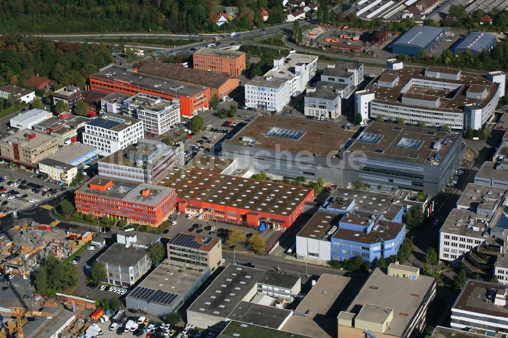 Reinach von oben - Gewerbegebiet mit Firmengelände der Flowtec in Reinach in Basel-Landschaft, Schweiz