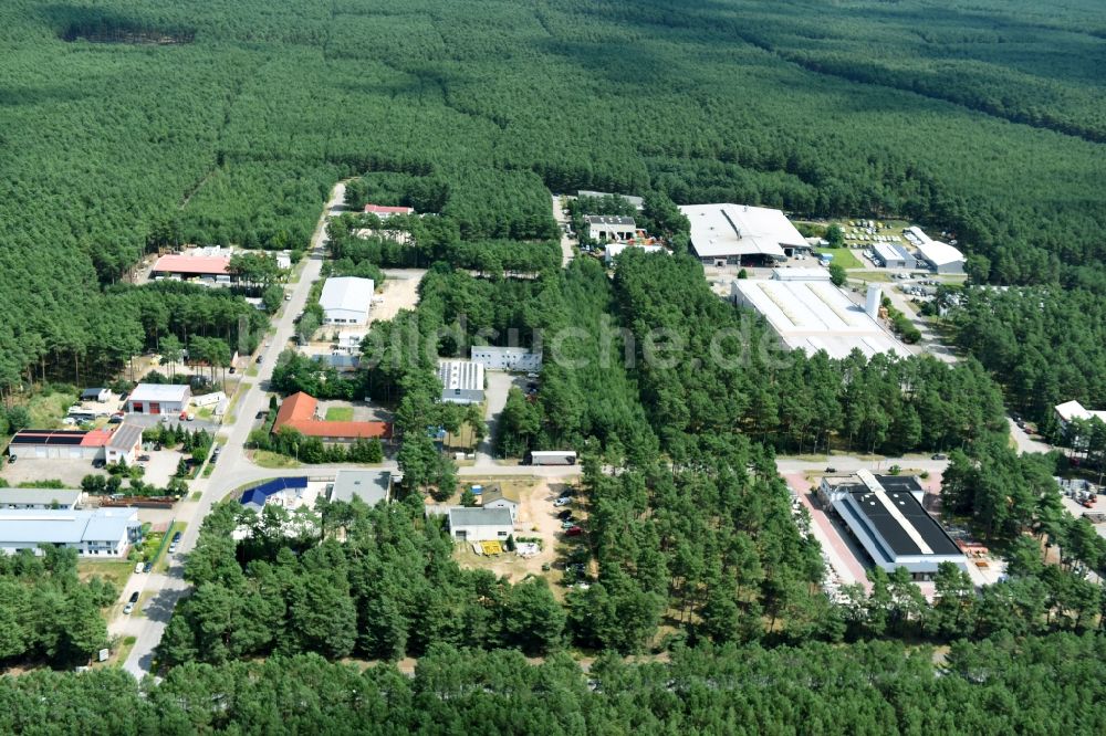 Borkheide aus der Vogelperspektive: Gewerbegebiet am Ginsterweg in Borkheide im Bundesland Brandenburg, Deutschland