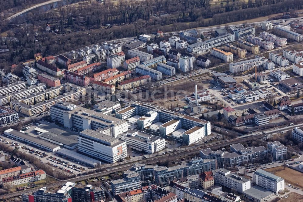 Luftaufnahme München - Gewerbegebäude Ecke Rupert-Mayer-Straße und Tölzer Straße in München Obersendling im Bundesland Bayern