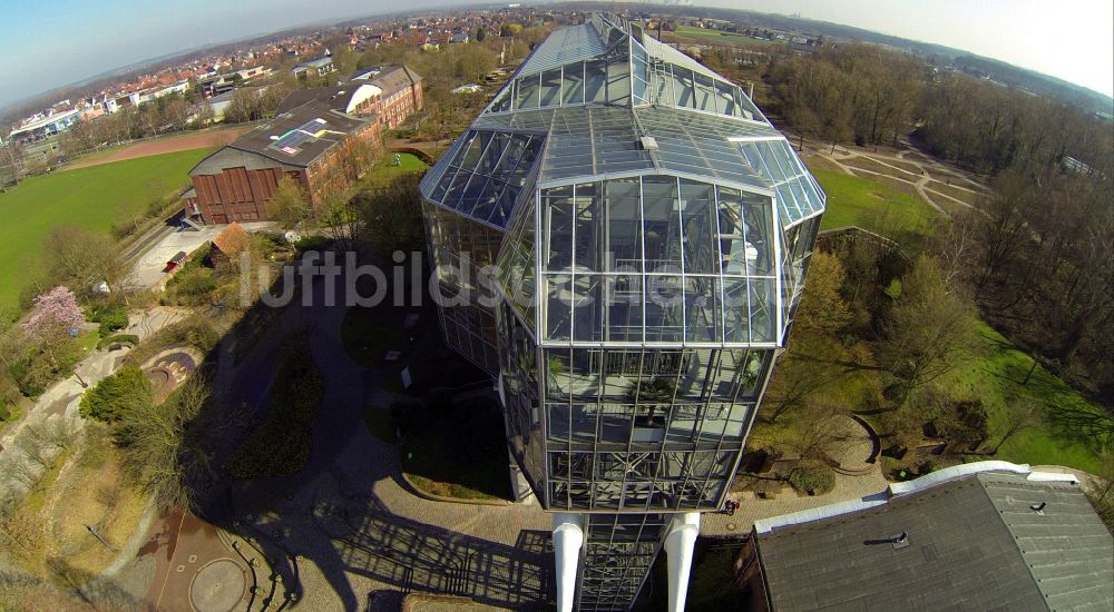 Hamm von oben - Glaselefant- Gewächshaus im Maxipark Hamm in Hamm im Bundesland Nordrhein-Westfalen