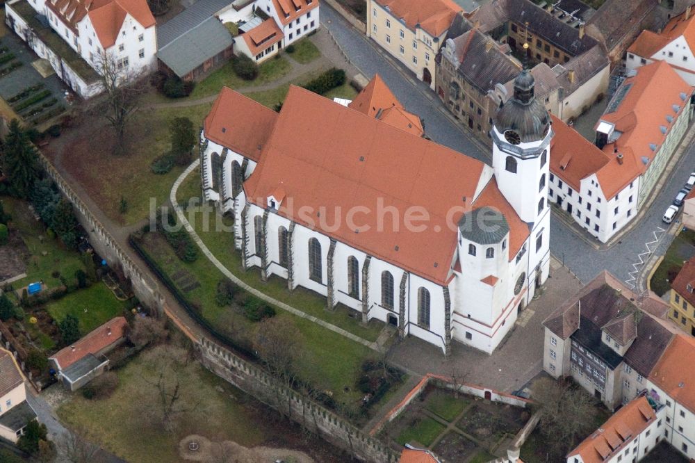 Torgau von oben - Gotische Marienkirche in Torgau im Bundesland Sachsen