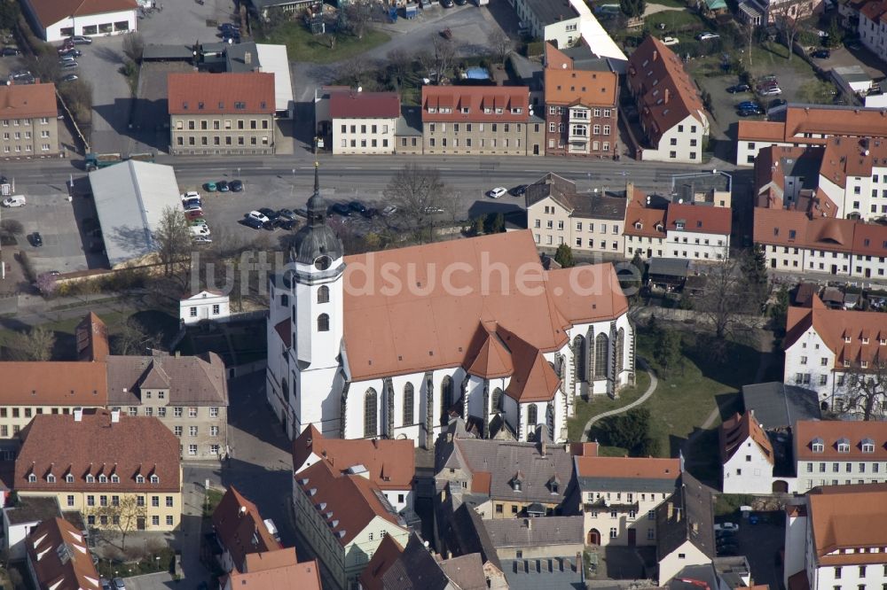 Torgau von oben - Gotische Marienkirche in Torgau im Bundesland Sachsen