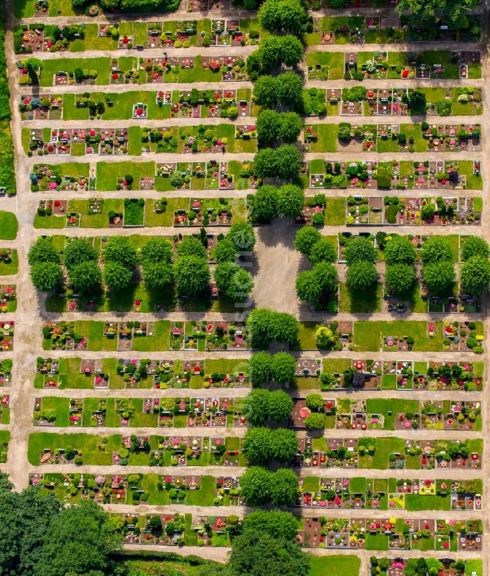 Luftbild Mülheim an der Ruhr - Grabreihen auf dem Gelände des Friedhofes Aubergfriedhof in Mülheim an der Ruhr im Bundesland Nordrhein-Westfalen