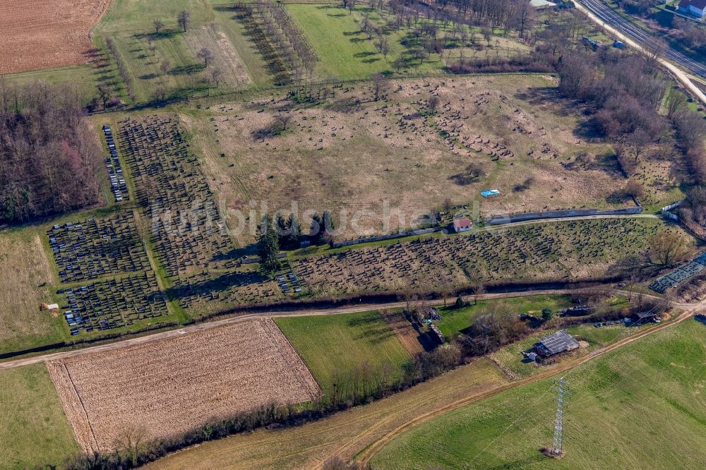 Luftaufnahme Ettendorf - Grabreihen auf dem Gelände des Friedhofes in Ettendorf in Grand Est, Frankreich