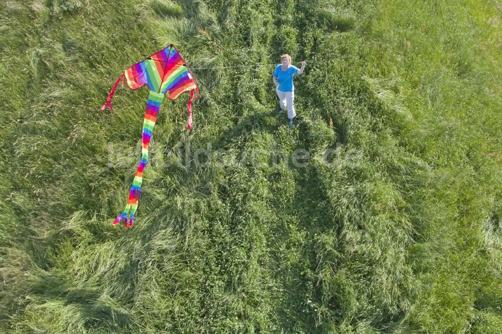 Luftbild Bleckede - Grasflächen- Strukturen einer Feld- Landschaft mit Drachen- Flug einer Familie in Bleckede im Bundesland Niedersachsen, Deutschland