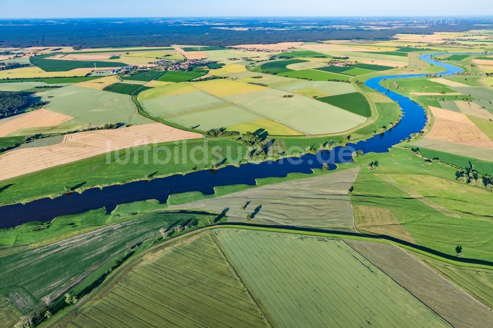 Elsnig von oben - Grasflächen- Strukturen einer Feld- Landschaft an der Elbe in Elsnig im Bundesland Sachsen, Deutschland