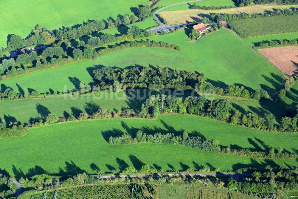 Bad Soden-Salmünster aus der Vogelperspektive: Grasflächen- Strukturen einer Feld- Landschaft in Mernes im Bundesland Hessen