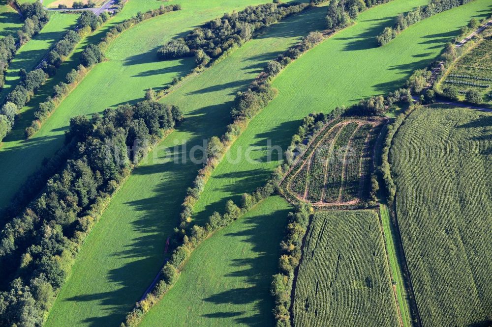 Bad Soden-Salmünster von oben - Grasflächen- Strukturen einer Feld- Landschaft in Mernes im Bundesland Hessen