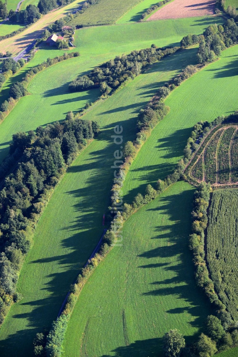 Bad Soden-Salmünster aus der Vogelperspektive: Grasflächen- Strukturen einer Feld- Landschaft in Mernes im Bundesland Hessen