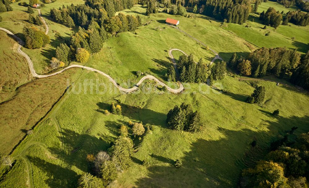 Luftaufnahme Missen im Allgäu - Grasflächen- Strukturen einer Feld- Landschaft in Missen im Allgäu im Bundesland Bayern, Deutschland