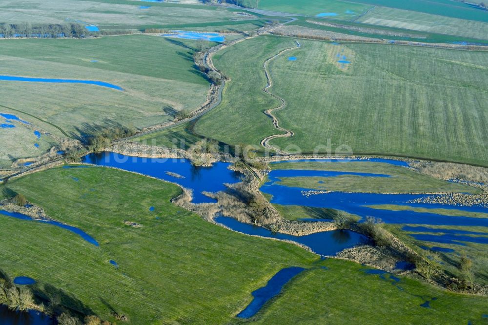 Tangermünde von oben - Grasflächen- Strukturen einer Feld- Landschaft am Ufer der Elbe in Tangermünde im Bundesland Sachsen-Anhalt, Deutschland