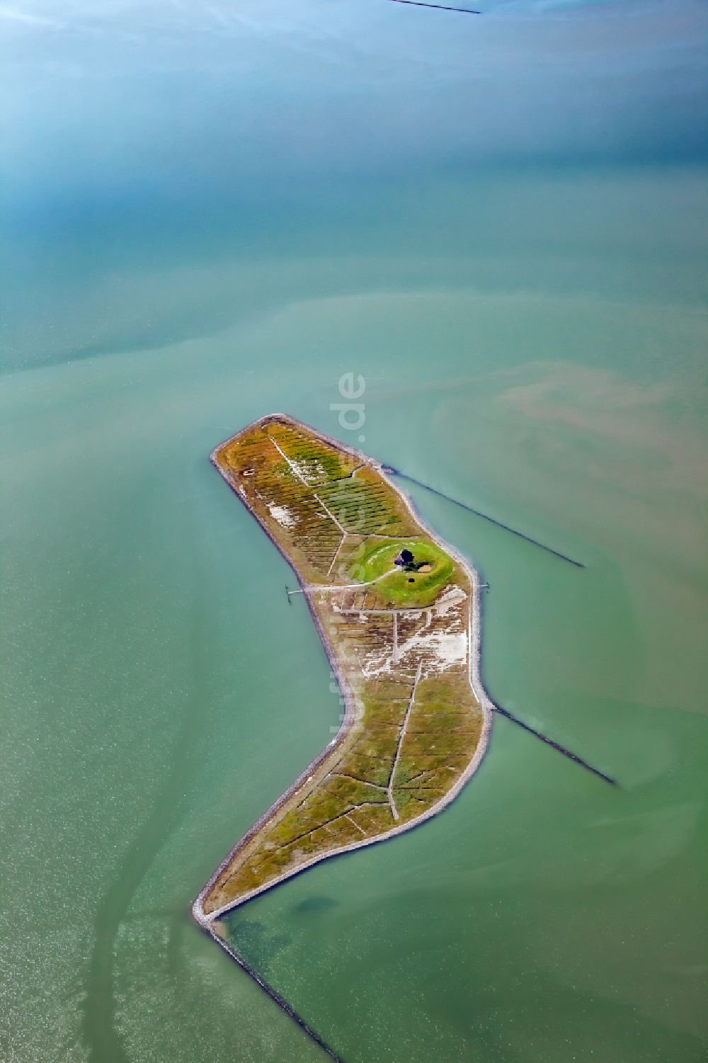 Gröde aus der Vogelperspektive: Grasflächen- Strukturen einer Hallig- Landschaft in Habel im Bundesland Schleswig-Holstein, Deutschland