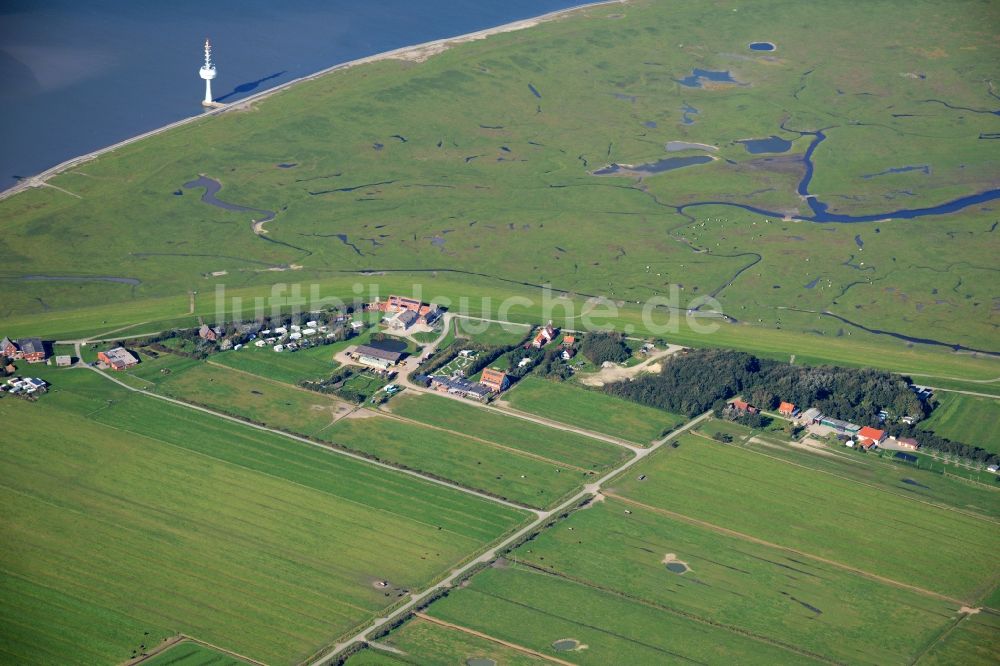 Insel Neuwerk von oben - Grasflächen- Strukturen einer Hallig- Landschaft in Insel Neuwerk im Bundesland Hamburg