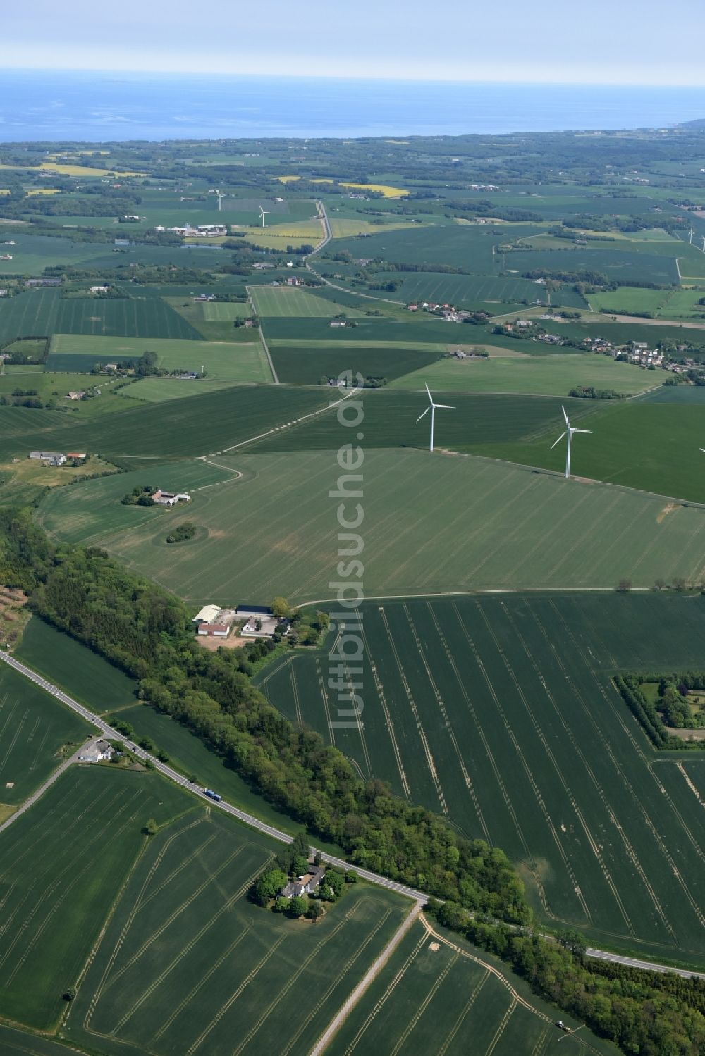 Klemensker von oben - Grasflächen- Strukturen einer Hallig- Landschaft in Klemensker in Region Hovedstaden, Dänemark